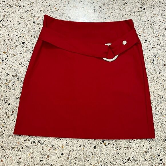 NWT Cache red mini skirt silver ring 0 back zip holiday - Picture 1 of 5